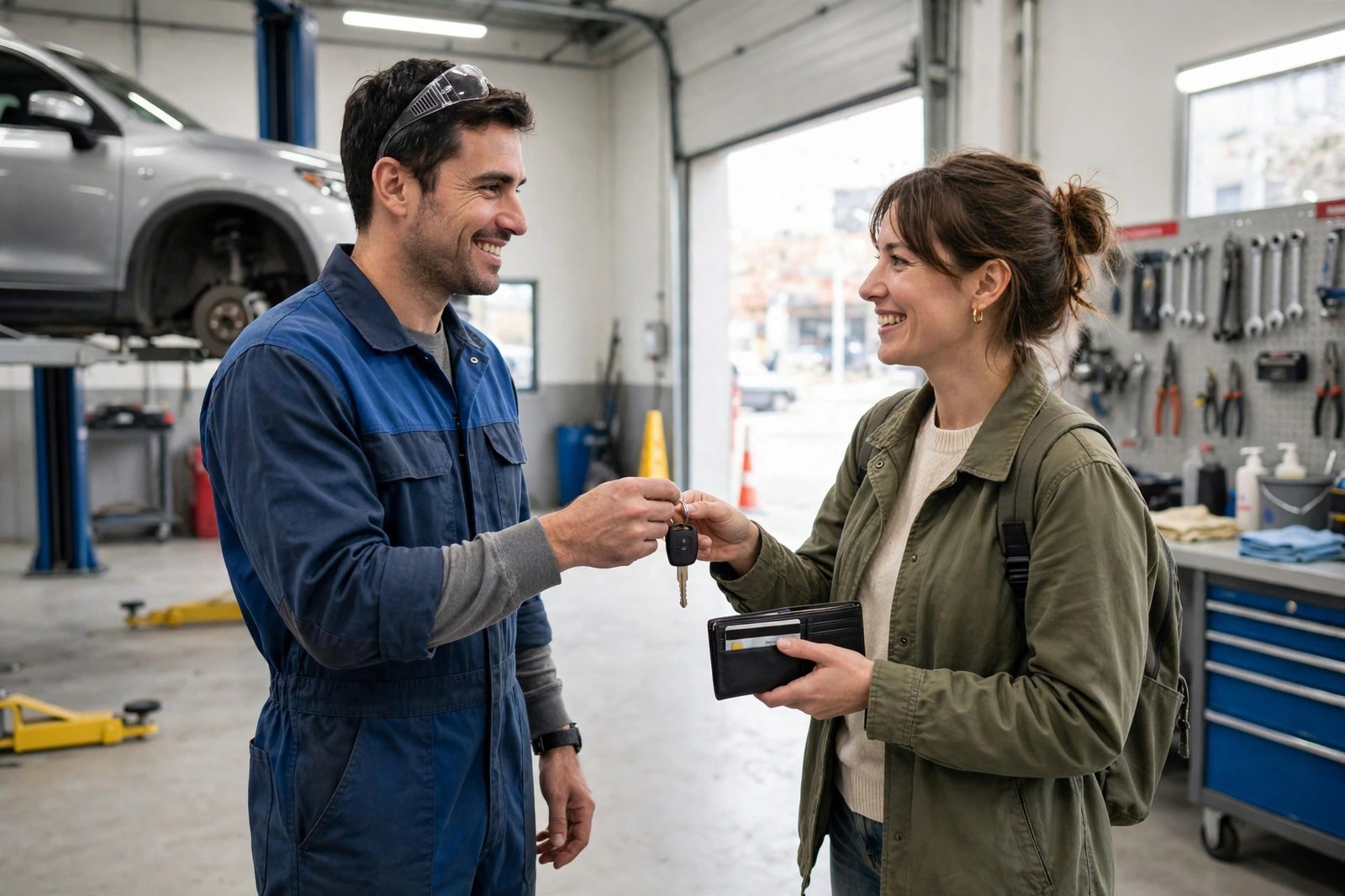 A mechanic handing car keys back to a customer after a repair