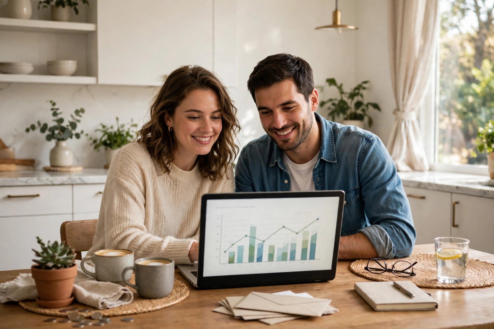 A couple reviewing household finances together on a laptop at home