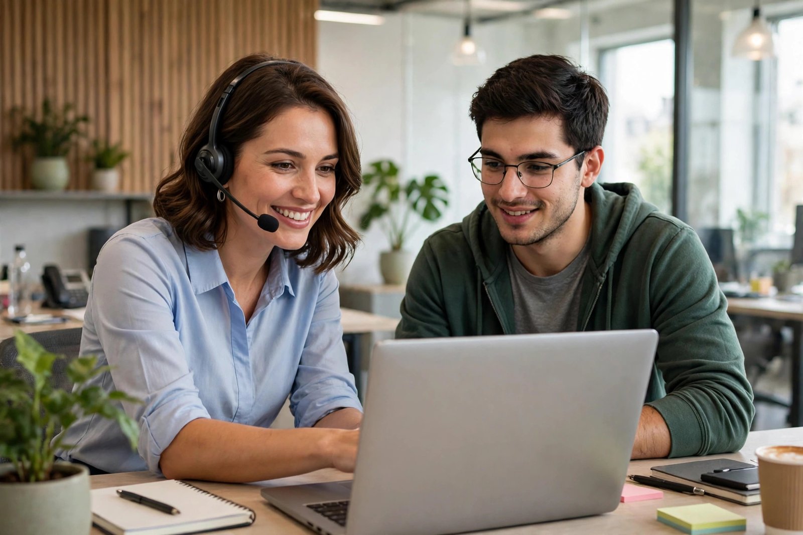 A support professional helping a customer on a laptop